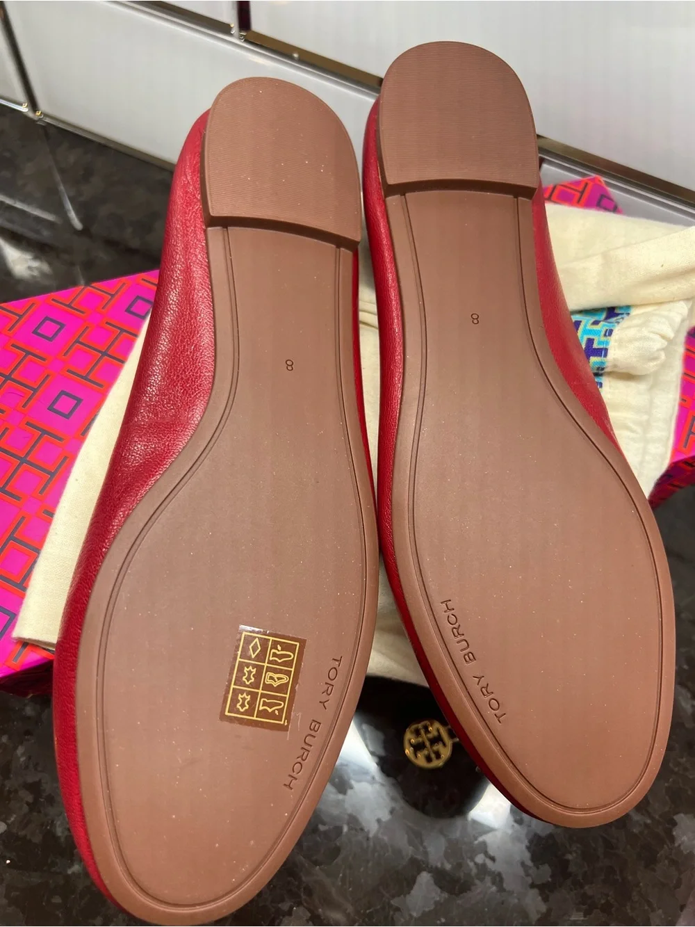Tory Burch Red Leather Ballet Flats – Gold Double T Logo – Size 8 – Brand New
